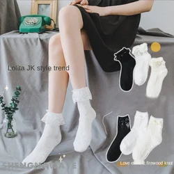 JK Lolita Socks New Spring Summer Black White Harajuku Kawaii Lace Socks Ruffle Cotton Bow Roes Flower Love Striped Woman Socks