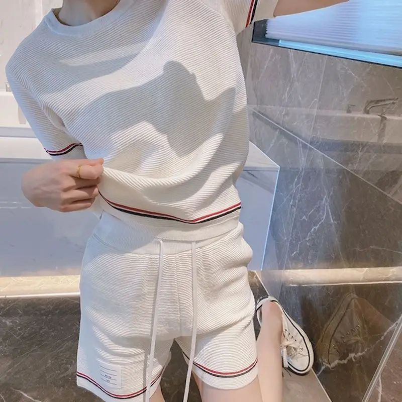 

Vintage Striped Patchwork Knitted Short Sleeve Top and Shorts 2 Piece Sets Women Korean Fashion Casual Matching Sets Y2k Clothes