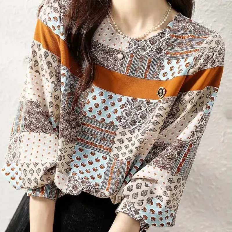 Spring Autumn Vintage Printed Blouse Casual Loose Long Sleeve Chic Button Round Neck Patchwork Female Clothing 2022 New Shirt