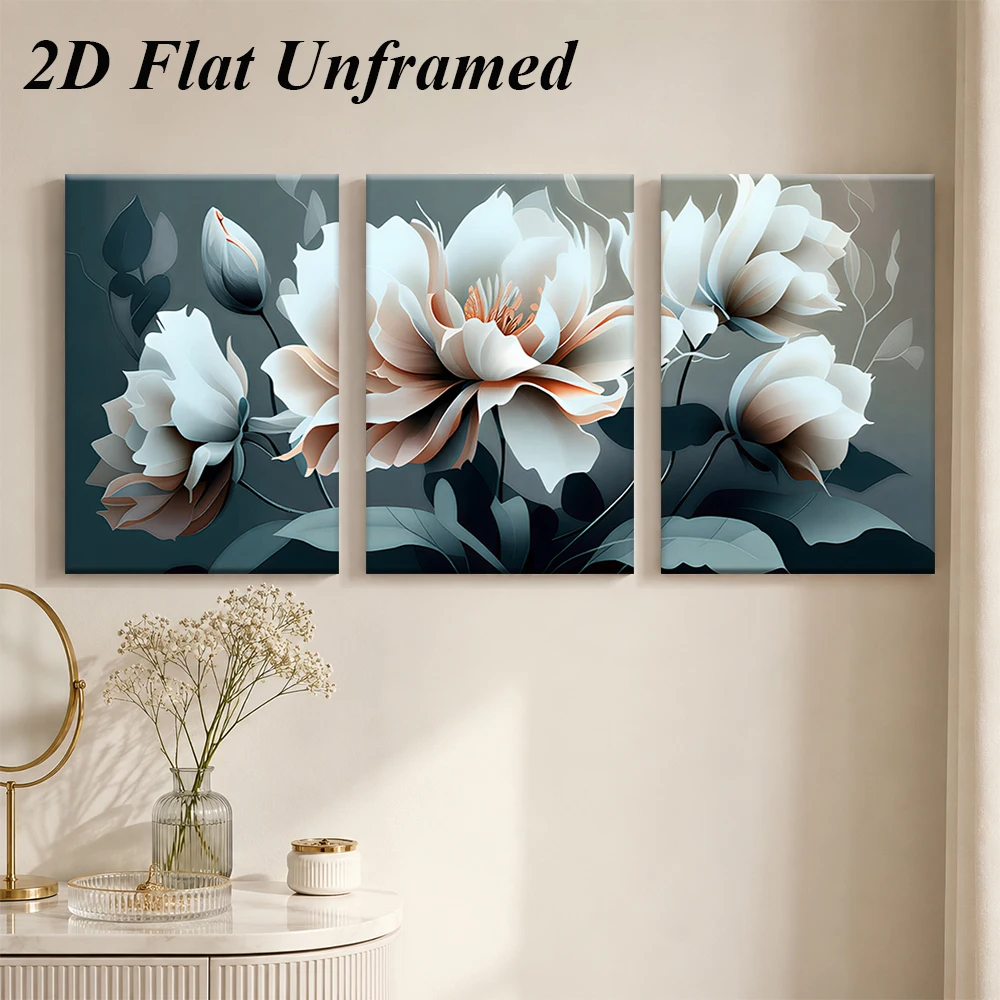 3PCS Frameless,1 set of Nordic light luxury modern triple frameless decorative painting, dark green gilded floral decoration pai