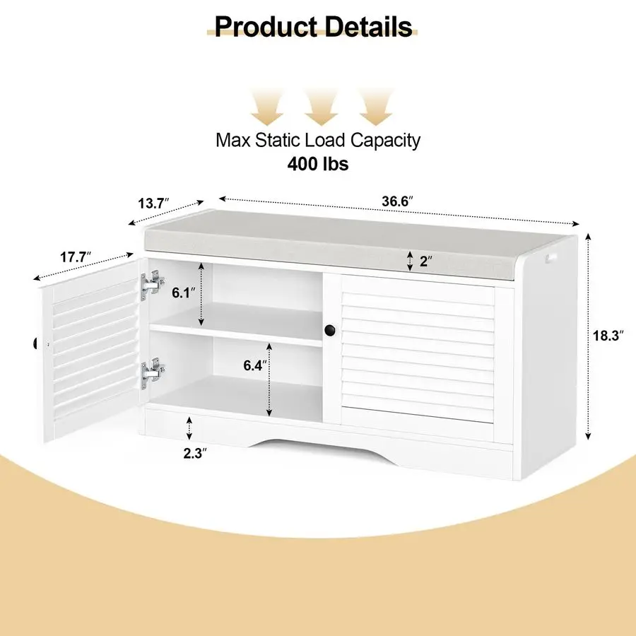 Storage Bench with Padded Seat Cushion, Classic Louvre Doors Shoe Bench for Entryway, Living Room, Bedroom, 13.7 Dx36.6 Wx18.3 H