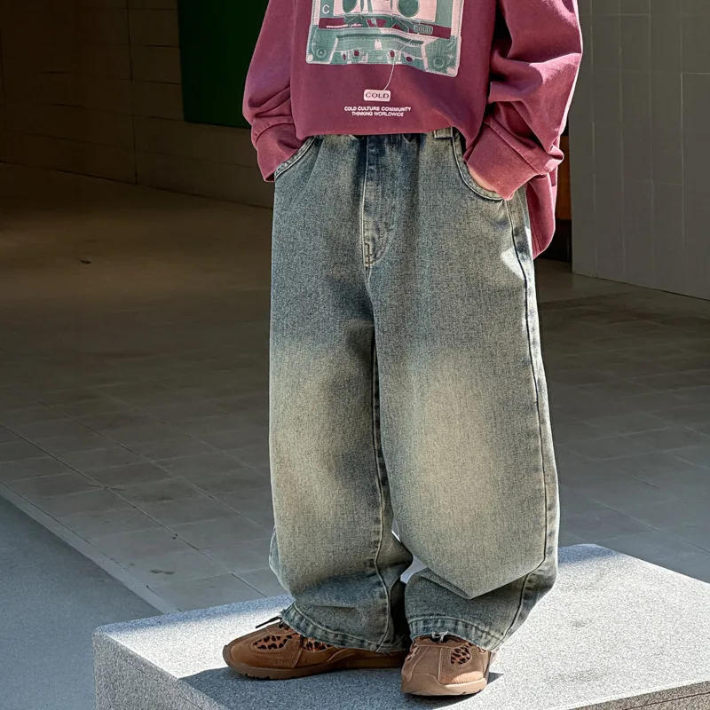 

2025 хлопковые осенне-зимние джинсы для мальчиков, детские повседневные детские длинные штаны, свободные детские брюки для детей 3-12 лет, мягкая одежда для малышей