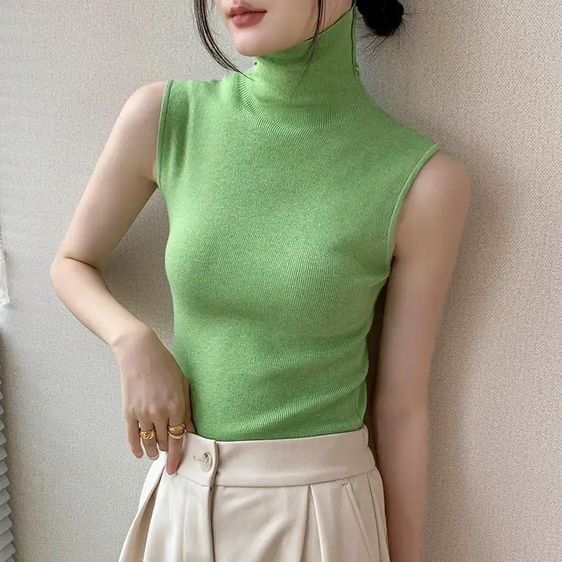 Wholesale Turtleneck Sweater Vest Base Slim Fit Pullovers Women Autumn Winter Pile Collar Sweater Sleeveless Solid Knitted Top