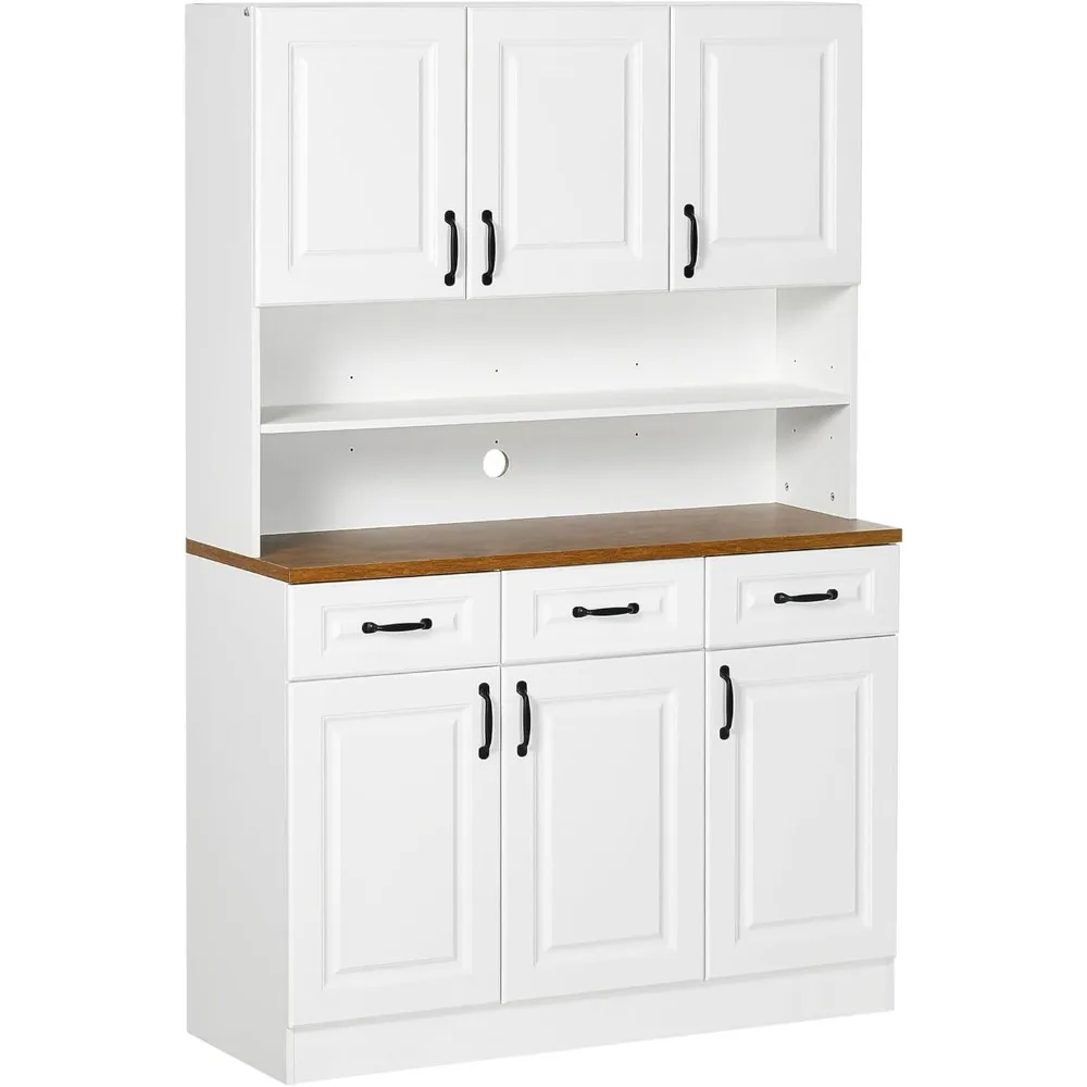 Kitchen Pantry, Freestanding Buffet with Hutch, Farmhouse Storage Cabinet, Microwave Cabinet with 3 Drawers, 6 Doors