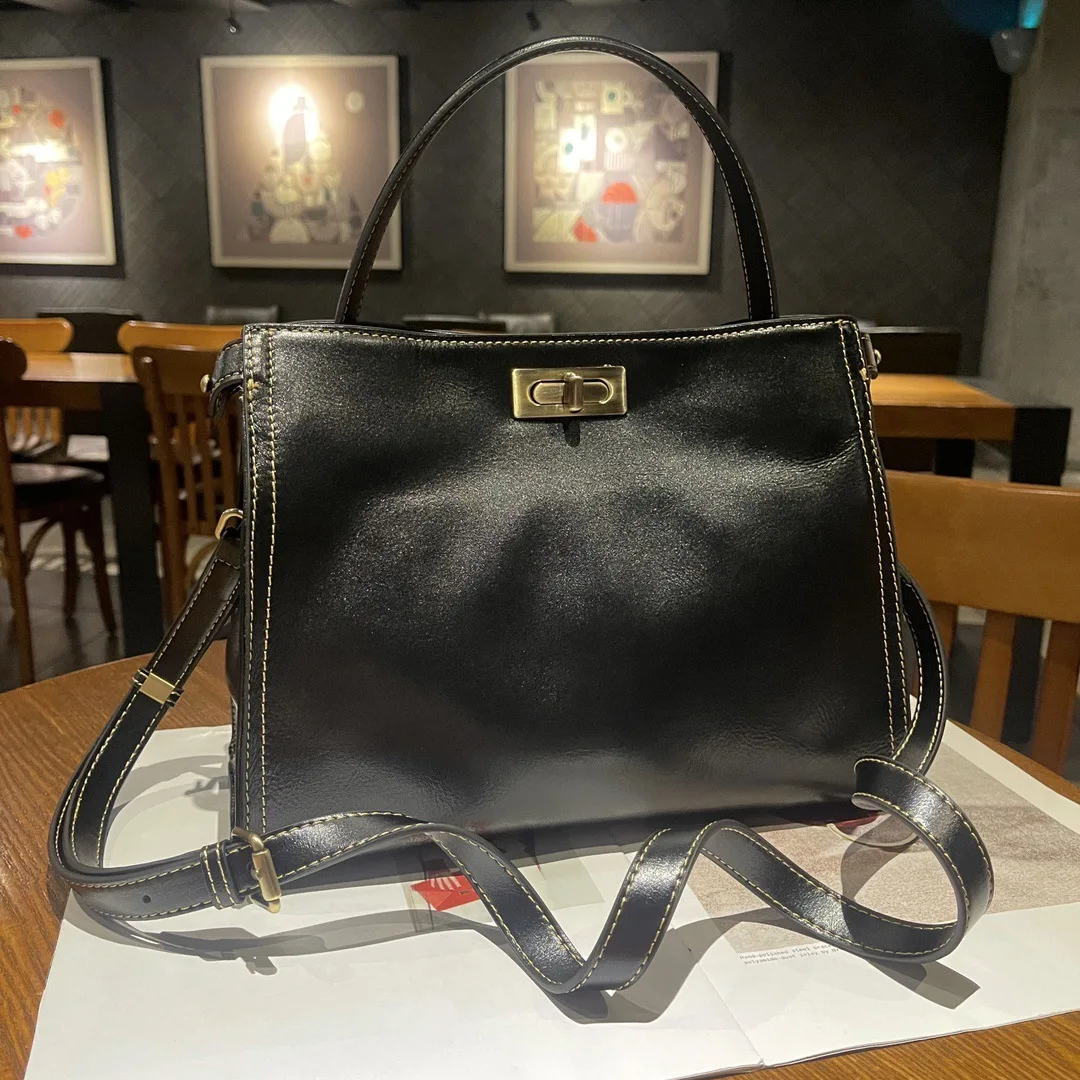 Oilwax Real Cow Leather Tote Bag Small Vintage Genuine Leather Handbag Women Fashion Ladies Shoulder or Crossbody Bag