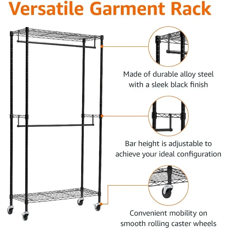 Adjustable, Double Hanging Rod Garment Rolling Closet Organizer Rack with Wheels, Heavy Duty, Black, 36'' x 14'' x 72''