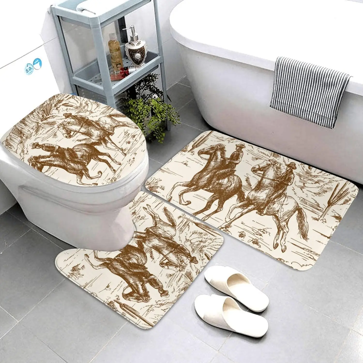 Western Horse Badematten-Set – Cowboy Desert 3-teiliger Teppich für Badezimmer, Toilettendeckelbezug & U-förmiges Pad, rutschfest, waschbar