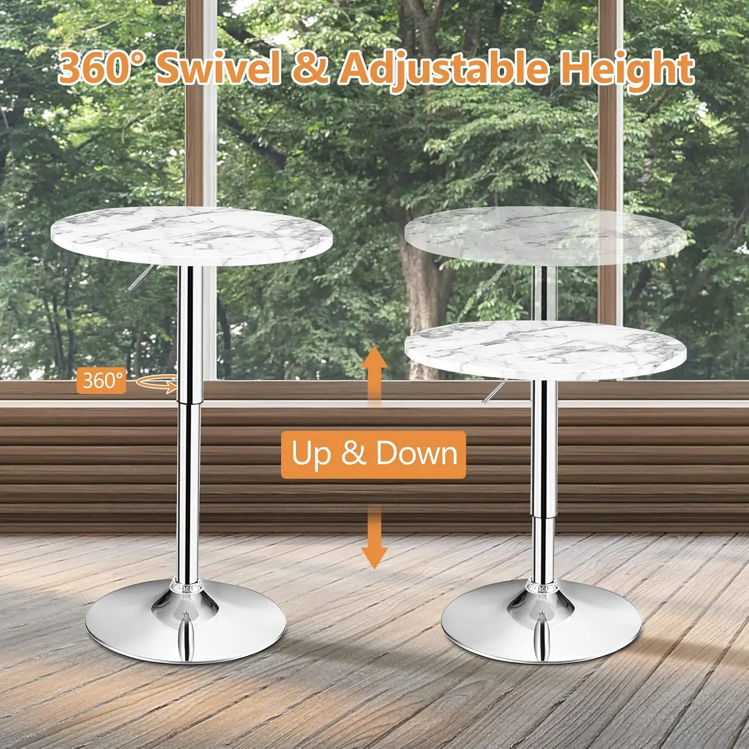 Byroce Round Bar Table, Cocktail Table Height Adjustable With 360° Swivel Top, Silver Leg & Base, High Pub Table For Bistro,