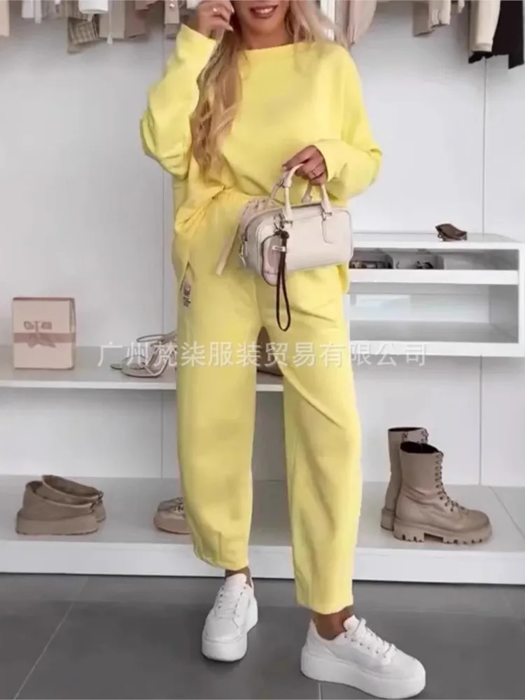 

New Solid Color Loose Casual Sports Suits Fashion Spring Women's Pullover Hoodie Top Wide-leg Trousers Two-piece Set Females