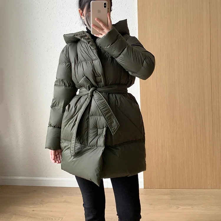 BZVW White Duck Down Jacket Women's 2024 Winter New Clothing Hooded Solid Color Belt Gathered Waist Casual Coats Female 25Z1746