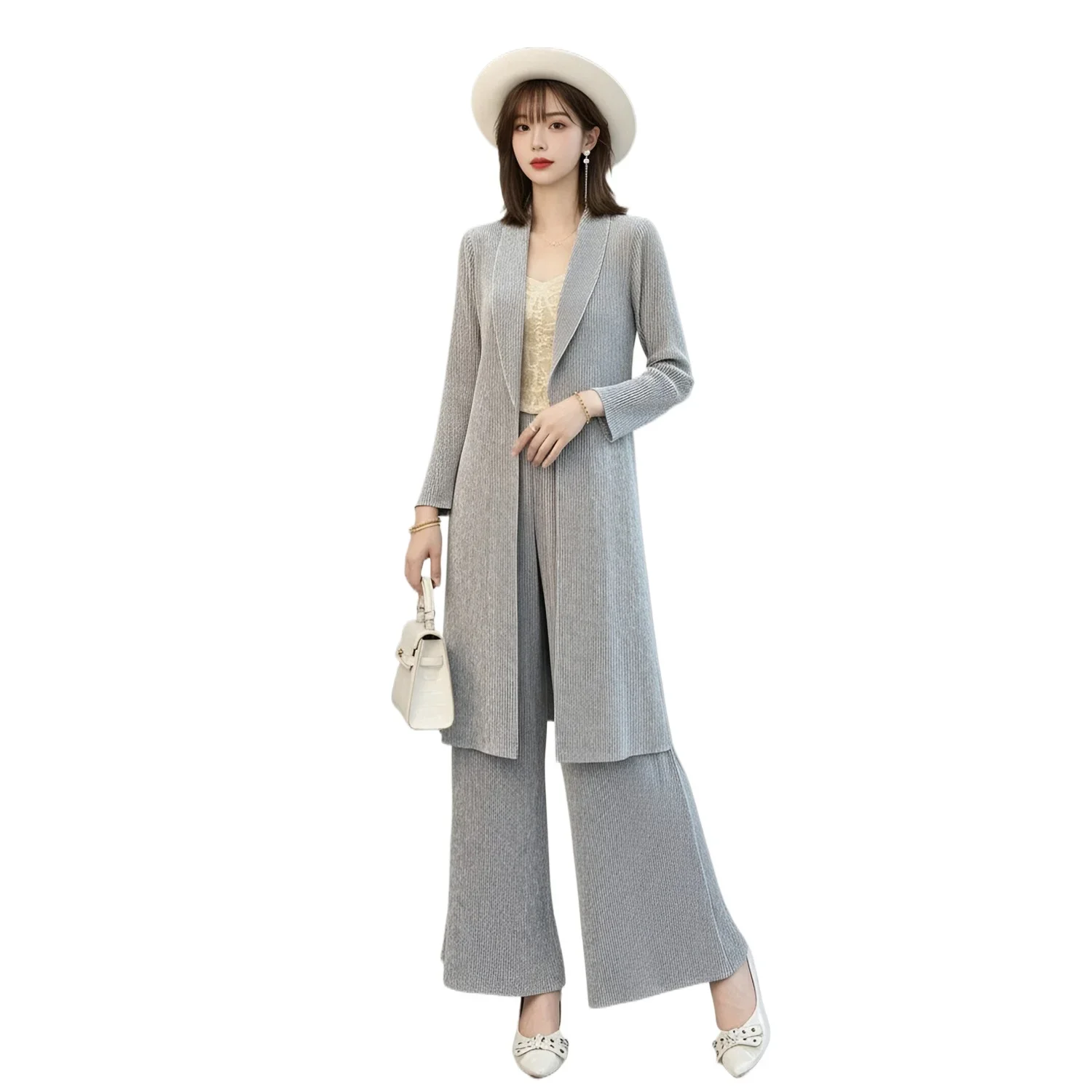 Women Miyake Pleated 2 Piece Set Lapel Long Cardigan High Waist Wide Leg Pants Outfit Spring Autumn view 5