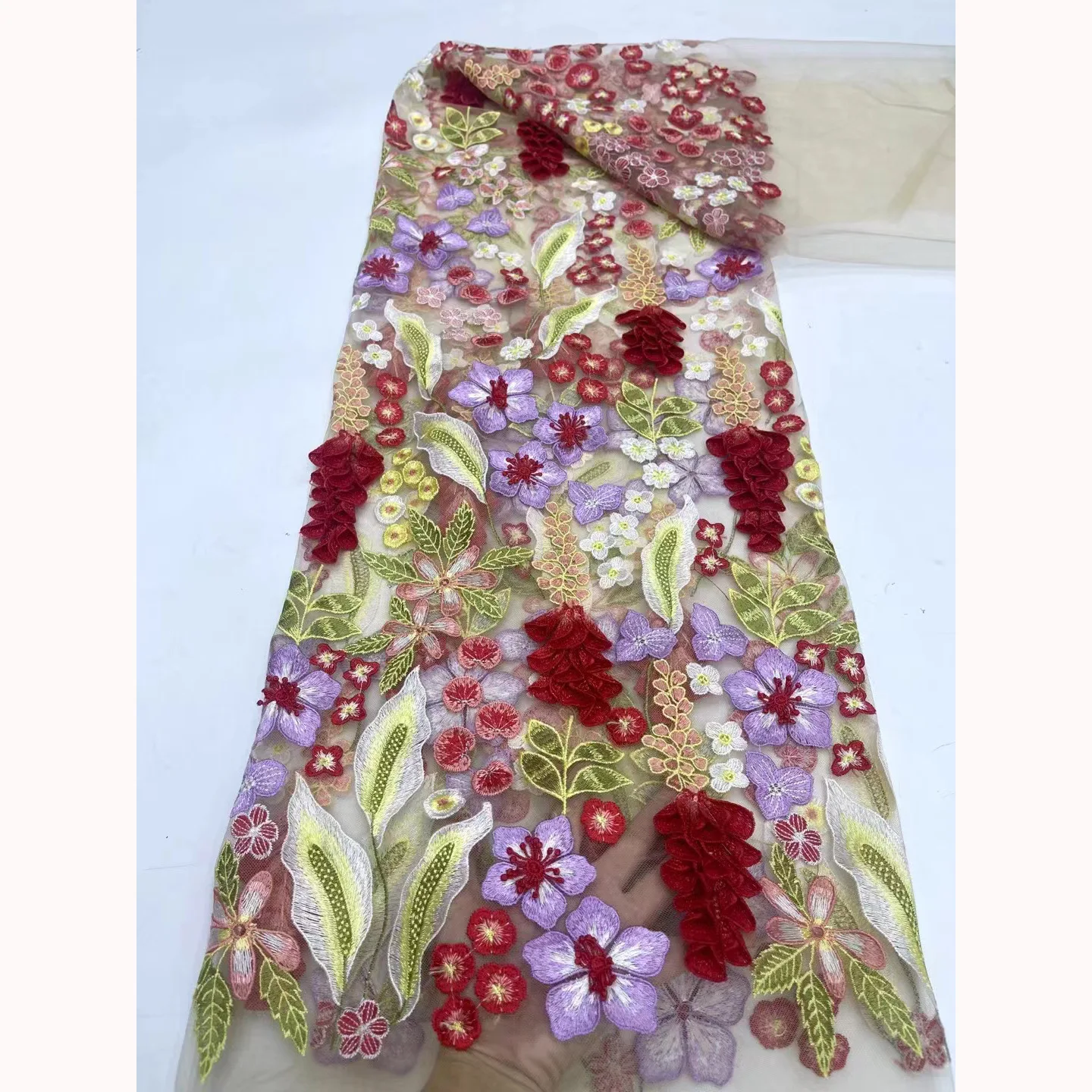 French 3D appliqued embroidery fabric, grape lace fabric, Nigerian wedding dress and evening gown sewing fabric. High quality
