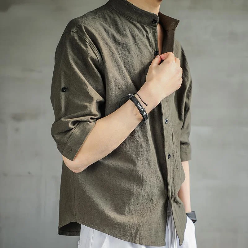 Capable Sven Short Sleeve Stand Collar Simplicity Shirts Handsome Button Solid Loose Straight Spring Summer Men's Clothing 2023