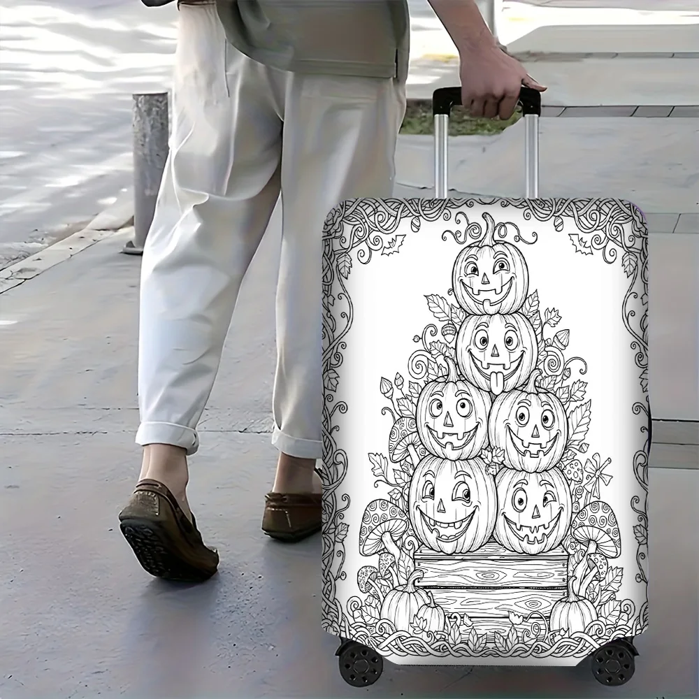 1PC Halloween Pumpkin Print Luggage Cover with manual doodle color. Fits luggage sizes 18-32 inches; dust and elastic travel acc