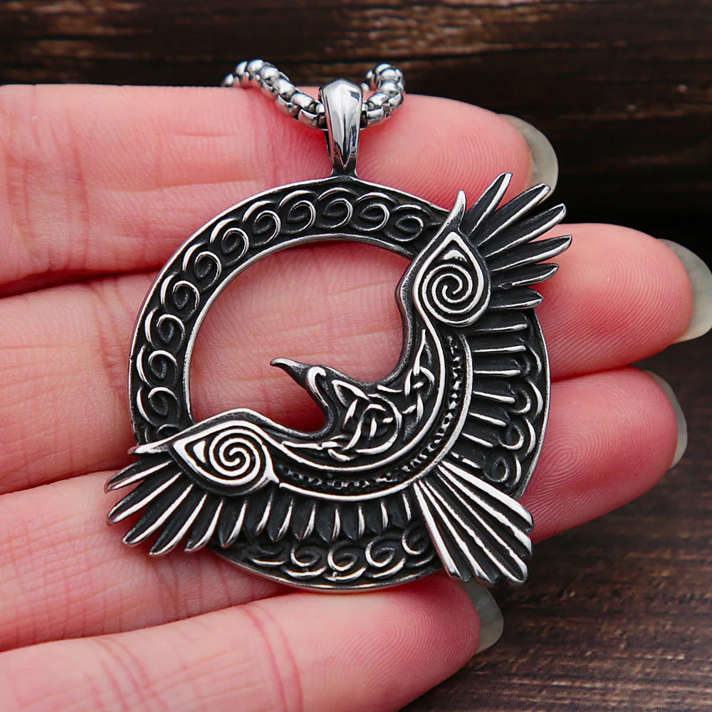 Nordic Odin Huginn and Muninn Raven Pendant Necklace Vintage Stainless Steel Celtics Knot Viking Necklace Male Amulet Jewelry