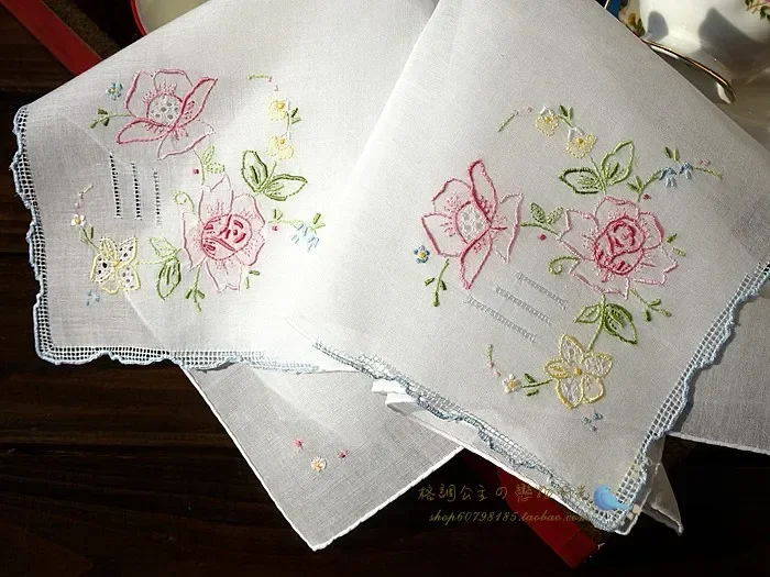 4pcs Hand Embroidery Drawing and Piercing Process Vintage High Cotton Handkerchief Cover 30CM Knapkin Handkerchief