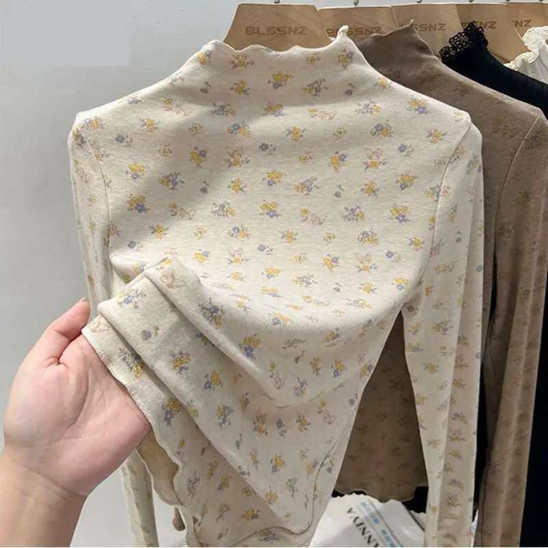 Age Reduction Print Half-high Collar Casual Undershirt Fungus New Slim Ropa Mujer Western Style Small Fellow Cute Jumper