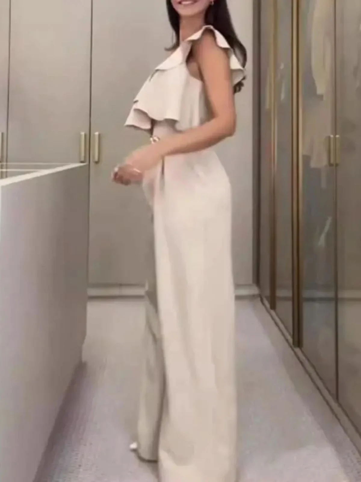 ارتفاع الخصر واحد oulder لوتس لو بذلة الشارع Sle عارضة السراويل عالية الخصر واسعة الساق دعوى ألياف البوليستر سستة...