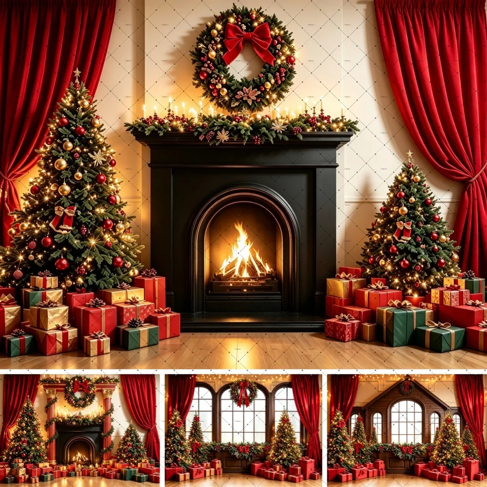 cenario-de-natal-com-lareira-e-guirlanda-Arvore-de-natal-presente-cortina-vermelha-fundo-para-fotos-decoracao-para-estudio-de-retratos-infantis-e-festas
