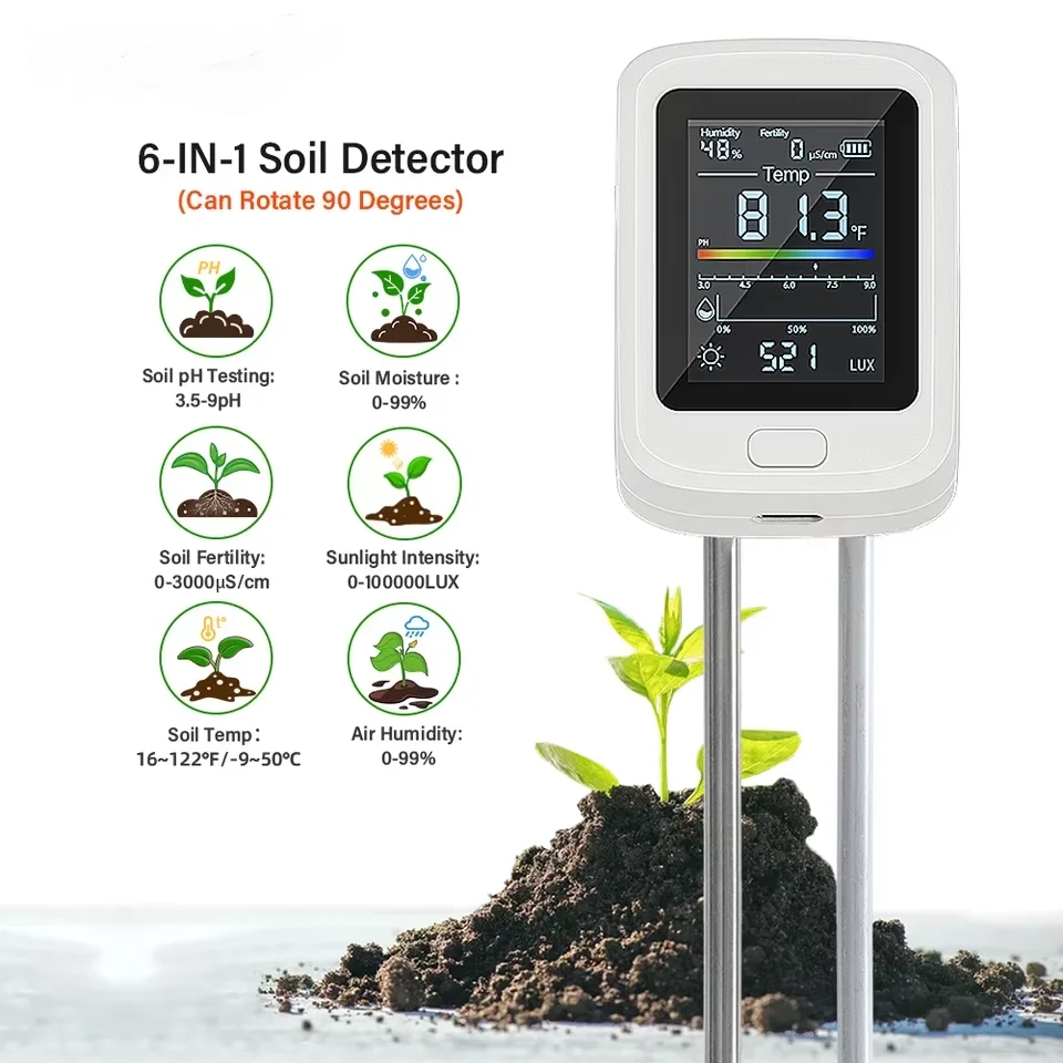 

HEDAO YY-1106 6-in-1 LCD Display PH Moisture Fertility Light Humidity Temperature Monitor Soil Tester for Garden Farm Planting