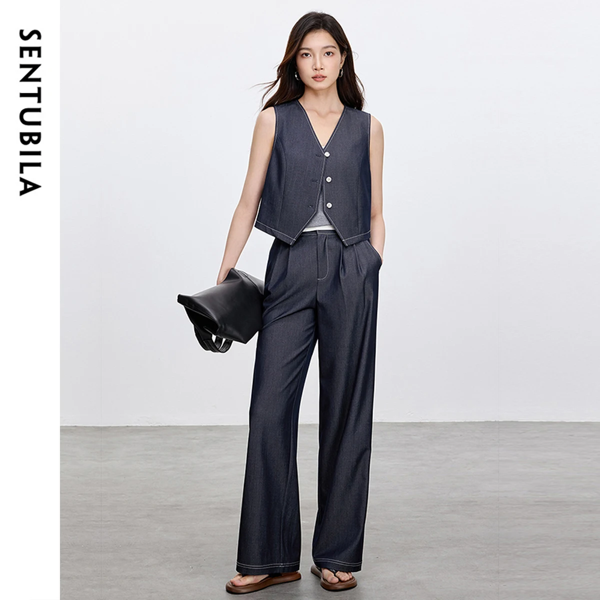

SENTUBILA 2 Piece Denim Pant Set Summer Women Outifits V Neck Waistcoat High waist Straight Long Trouser Matching Sets 152Z59058