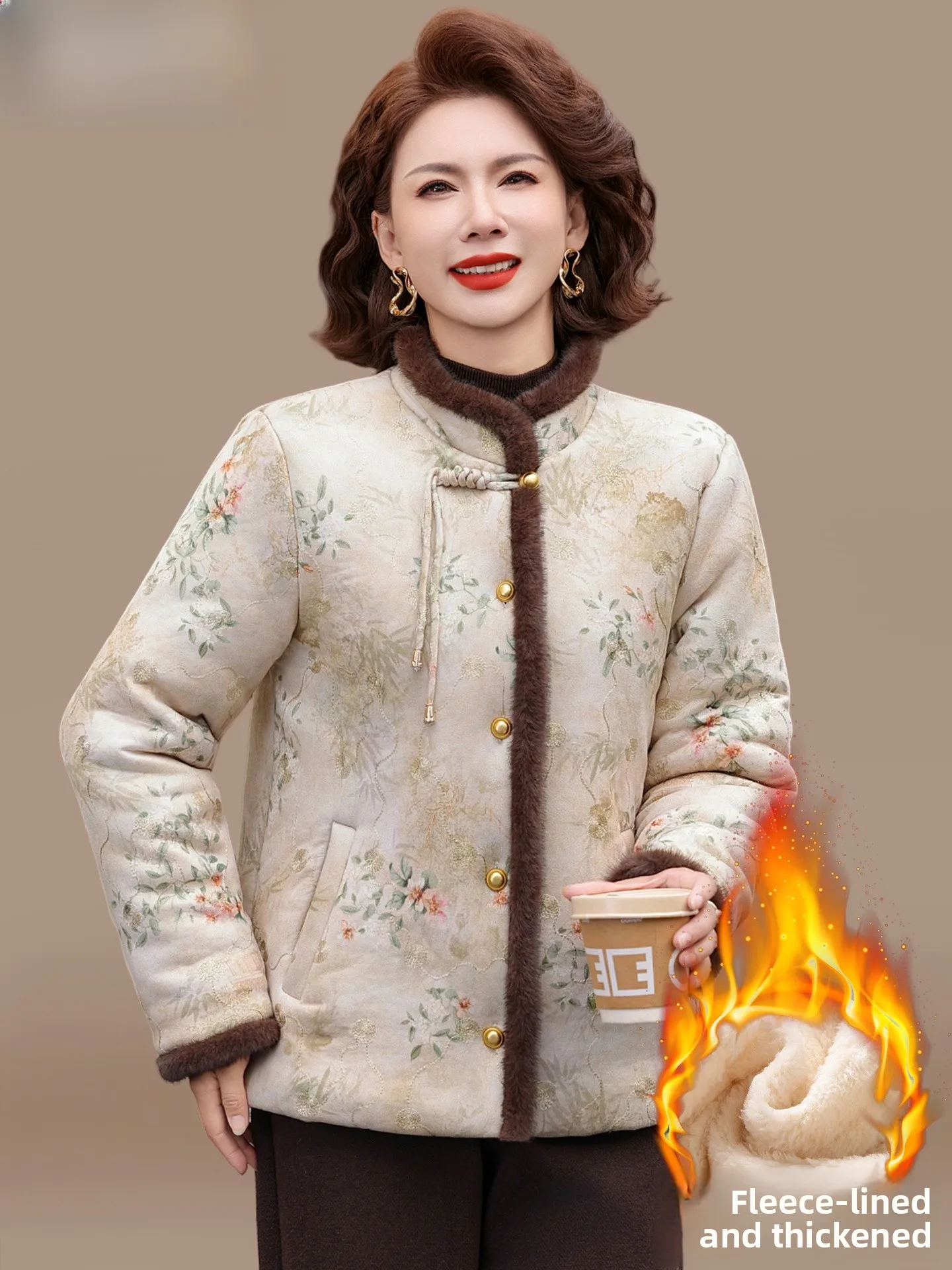 

New Chinese Sle Thiened down Cotton Jaet Women's Autumn Winter Warm Outerwear Floral Patterned Mommy Coat Faionable E...