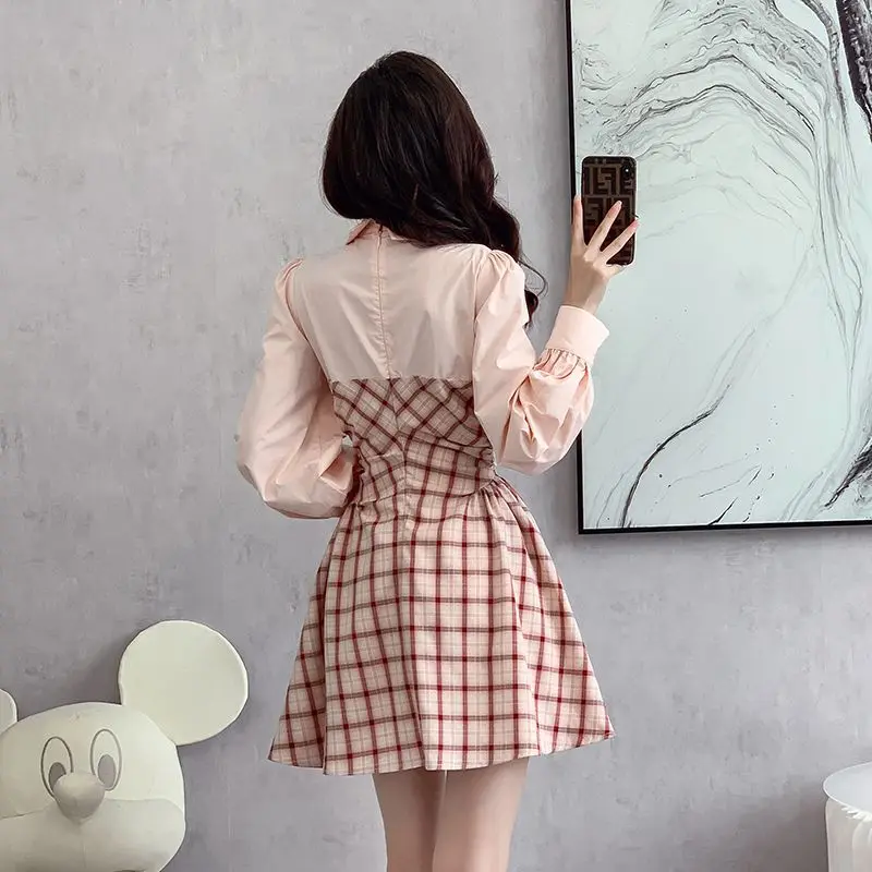 Pink Checkered Sweet Long Sleeved Dress with Feminine Temperament Fake Two-piece Spliced Shirt Skirt Waist Cinched A-line Skirt