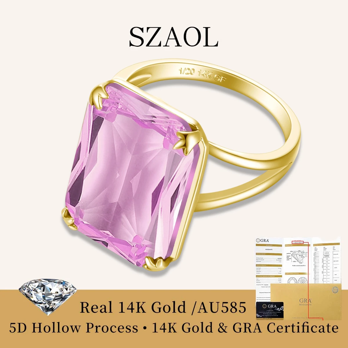 

Classic Emerald Cut 13*18mm Pink Crystal Big Cocktail Ring Real Gold Filled 14k Permanent Jewelry For Women Party Wedding Gift
