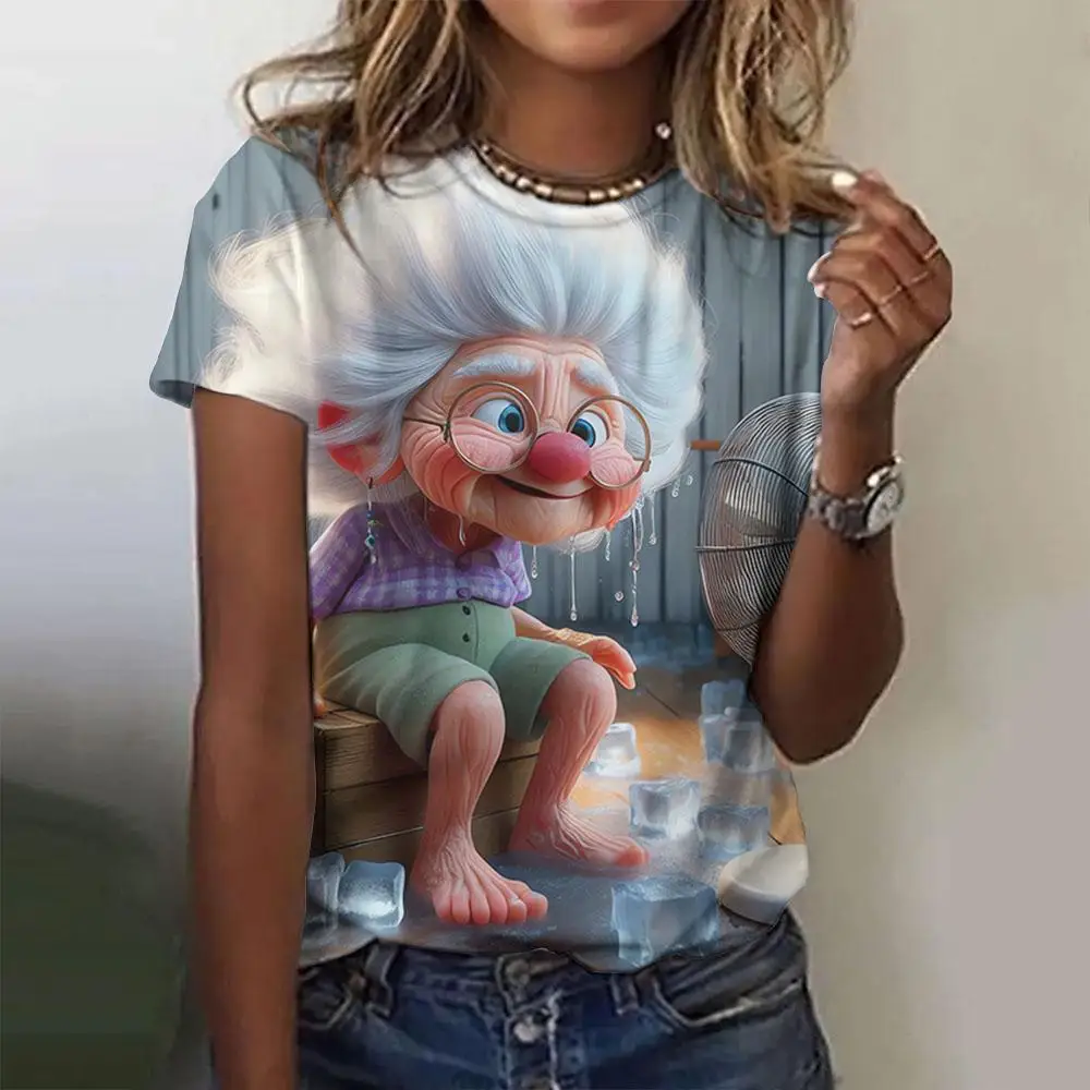 Camisetas con estampado 3D de abuela de dibujos animados divertidos de verano para mujer, ropa de calle a la moda Y2k, camiseta de manga corta, camisetas con cuello redondo, ropa
