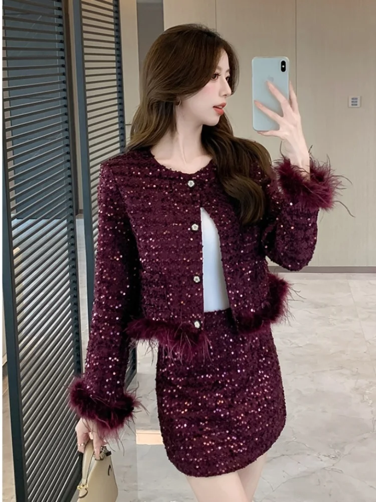 Light Luxury Sequin Two-Piece Set Women's Autumn Winter Fashion High-End Jacket Short Skirt Small Fragrance Style Suits