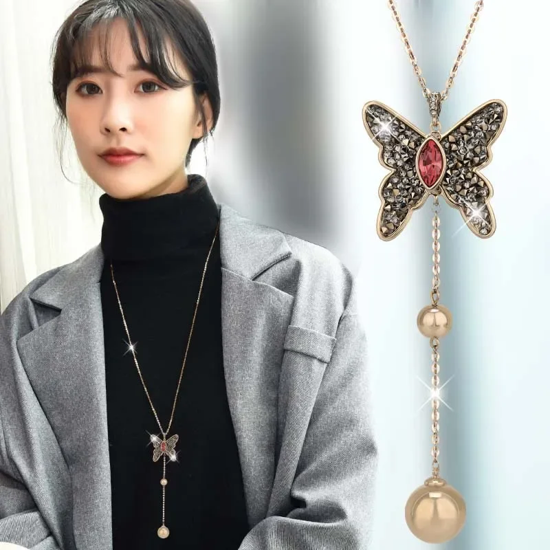 Новая легкая роскошная цепочка для свитера с микроинкрустацией в виде бабочки, элегантный длинный кулон-колье