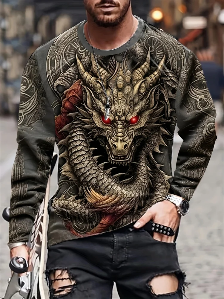 Fashion Personalized Men's T-Shirt Dragon Pattern 3D Printed Harajuku Street Long Sleeve O Neck T Shirt Oversized Casual Top