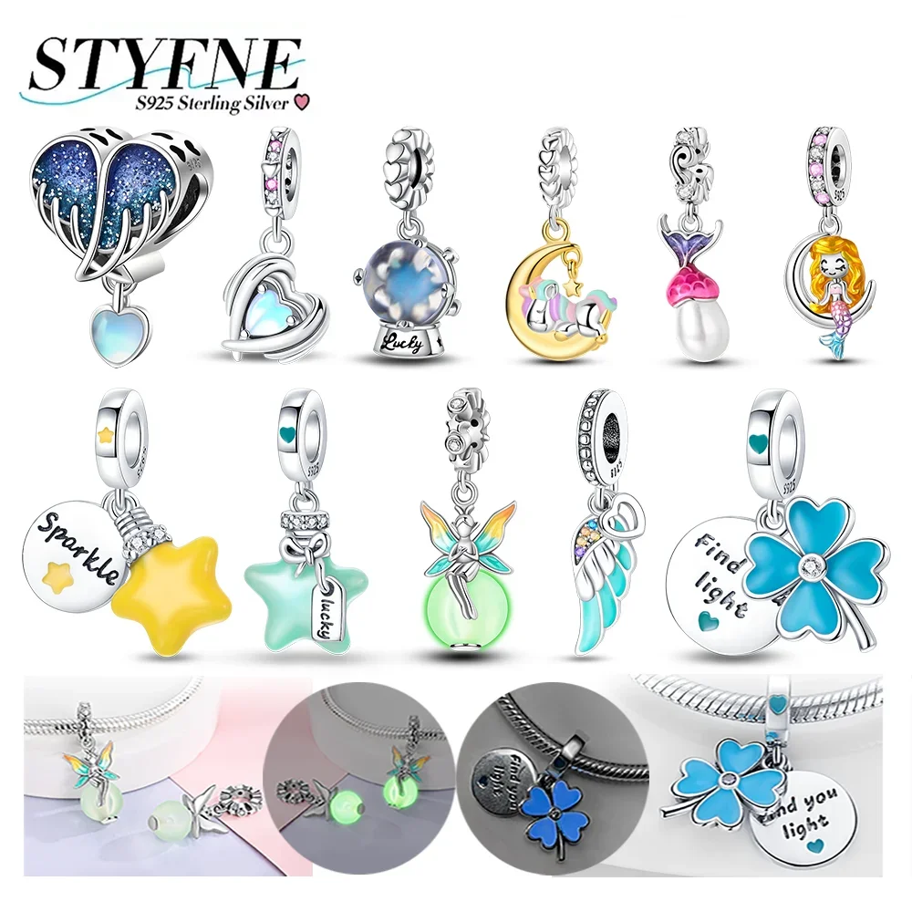925 Silver Luminous Elf Four Leaf Clover Feather Stars Mermaid Charms Beads Fit Original Bracelets Women DIY Jewelry Gift