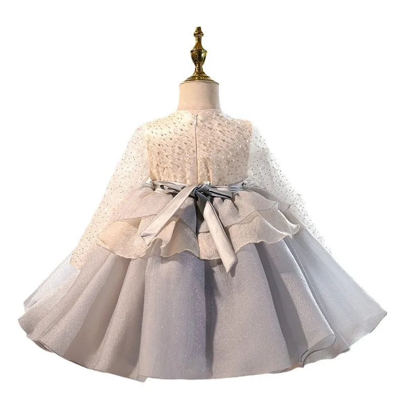 2025 New year gorgeous Children Baby Girl pearl Dresses Birthday Princess Prom Dress for Kids sequin Long sleeved Ball Gown