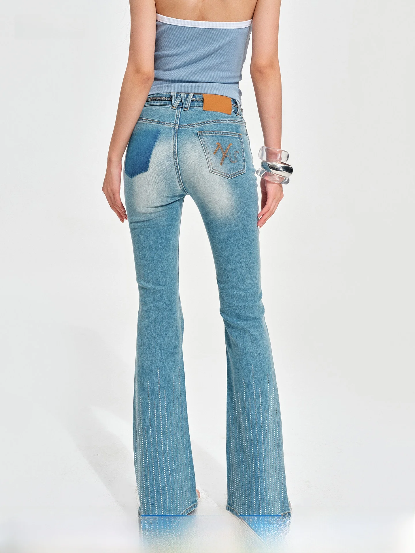 

NAWS Vintage Washed Knitted Jeans Flared Tight Leggings mid Waist Bell Bottoms Women's High Elastic Cotton Denim Pants