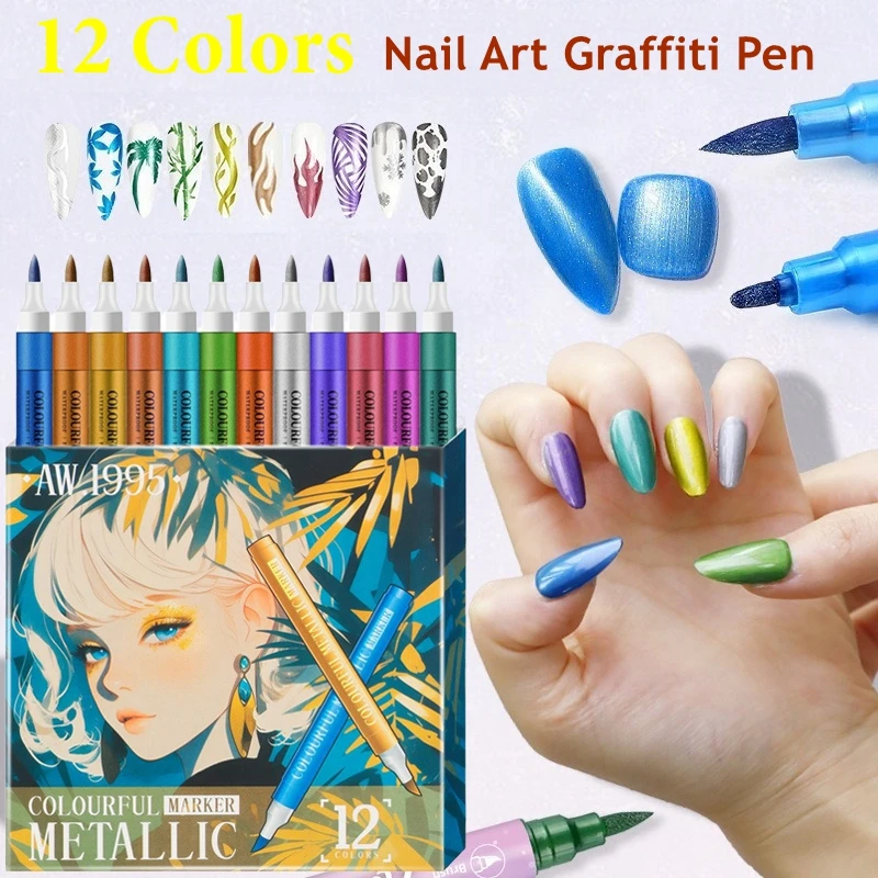 12 لون معدني فرشاة الأظافر مجموعة أقلام مسمار البولندية نقطة الكتابة على الجدران التنقيط القلم DIY بها بنفسك رسومات أظافر أدوات مانيكير الأرجواني الاكريليك