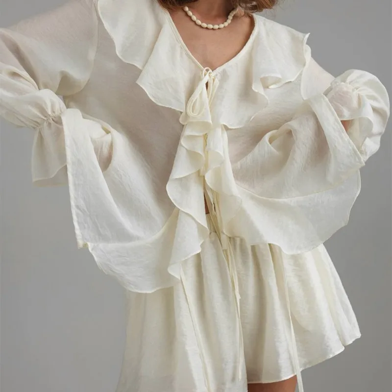 

Ticketsx Ruffled Short Set Women's Lacu Up V Neck Flared Sleeve See Through Shirt Loose Short Set Lady Vacation Casual Short Set