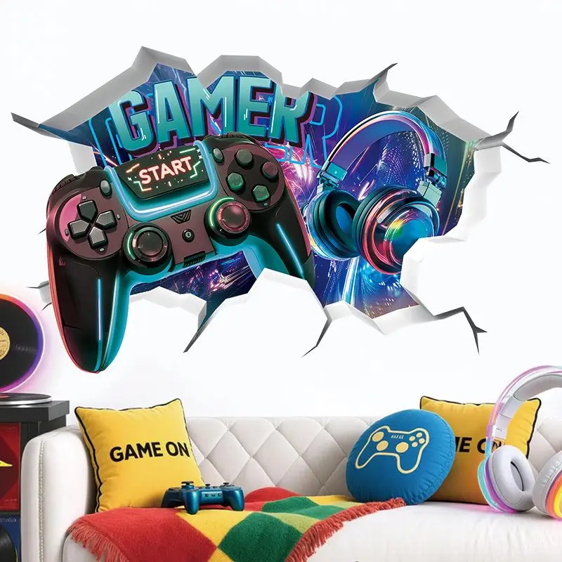 VIKAMA Gamer Game Controller, Headphones, Broken Wall Stickers, Self-Adhesive Waterproof 2D e-Sports Room Wall Decoration