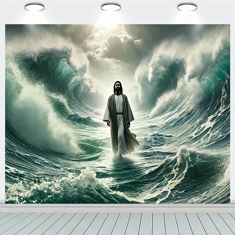 VIKAMA Jesus Gehend auf dem Wasser Wandteppich Christliche Wandkunst Biblische Szene Glaubens-Dekoration Hängende Religiöse Banner-Tapisserie