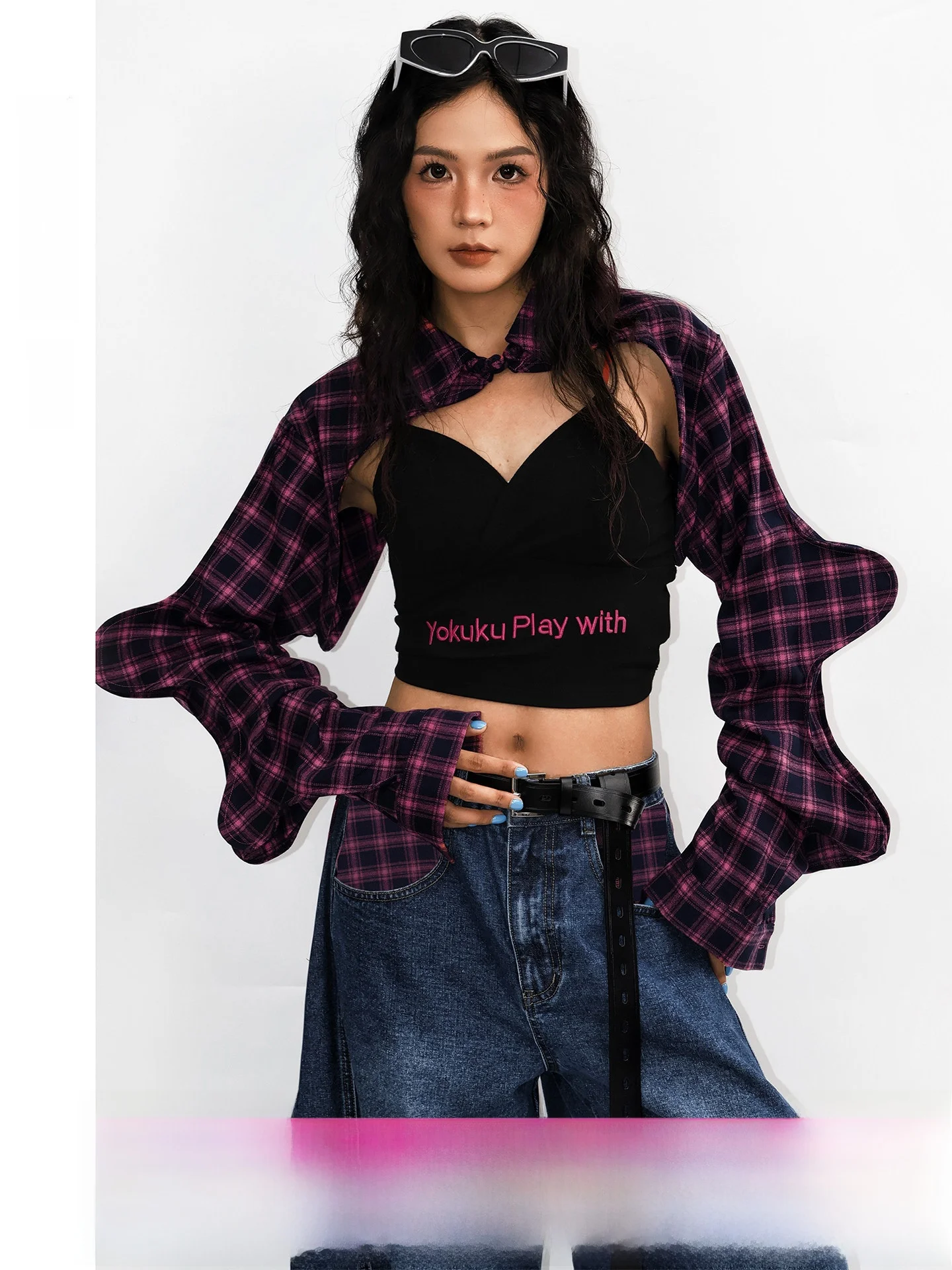 american-plaid-wave-sleeve-shawl-top-women's-unique-design-cotton-polyester-blend-spring-autumn-summer-fashion-accessory