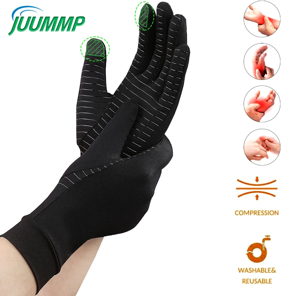 1Pair Compression Full Finger Arthritis Gloves, Copper Glove with Touch Screen Fingers for Everyday Support, Hand Joint Pain