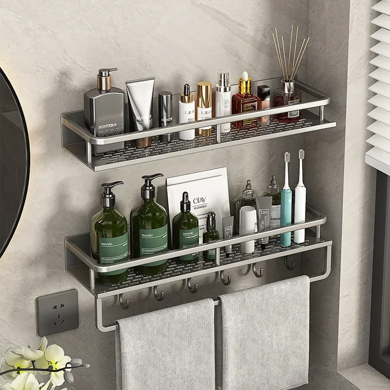 40/60CM Bathroom Shelf Toiletries Wall Mounted Towel Rack Skincare Shampoo Toiletries Sundries Organizer Toilet Tissue Holder