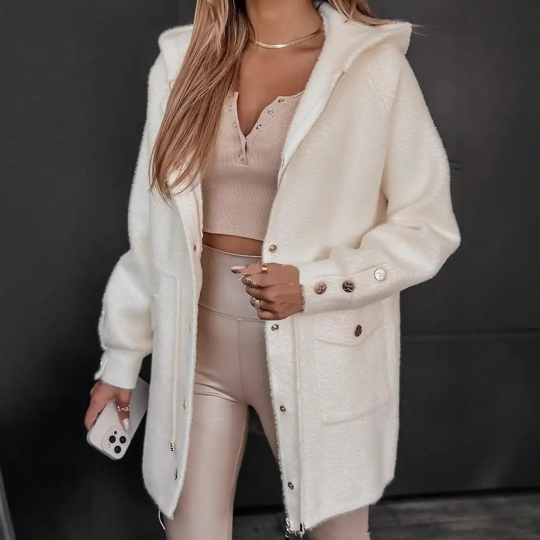 Fashionable Checkered Woolen Coat with Drawstring Waist Metal Buckle Zipper And Hat for Women Medium Thick Autumn Wear