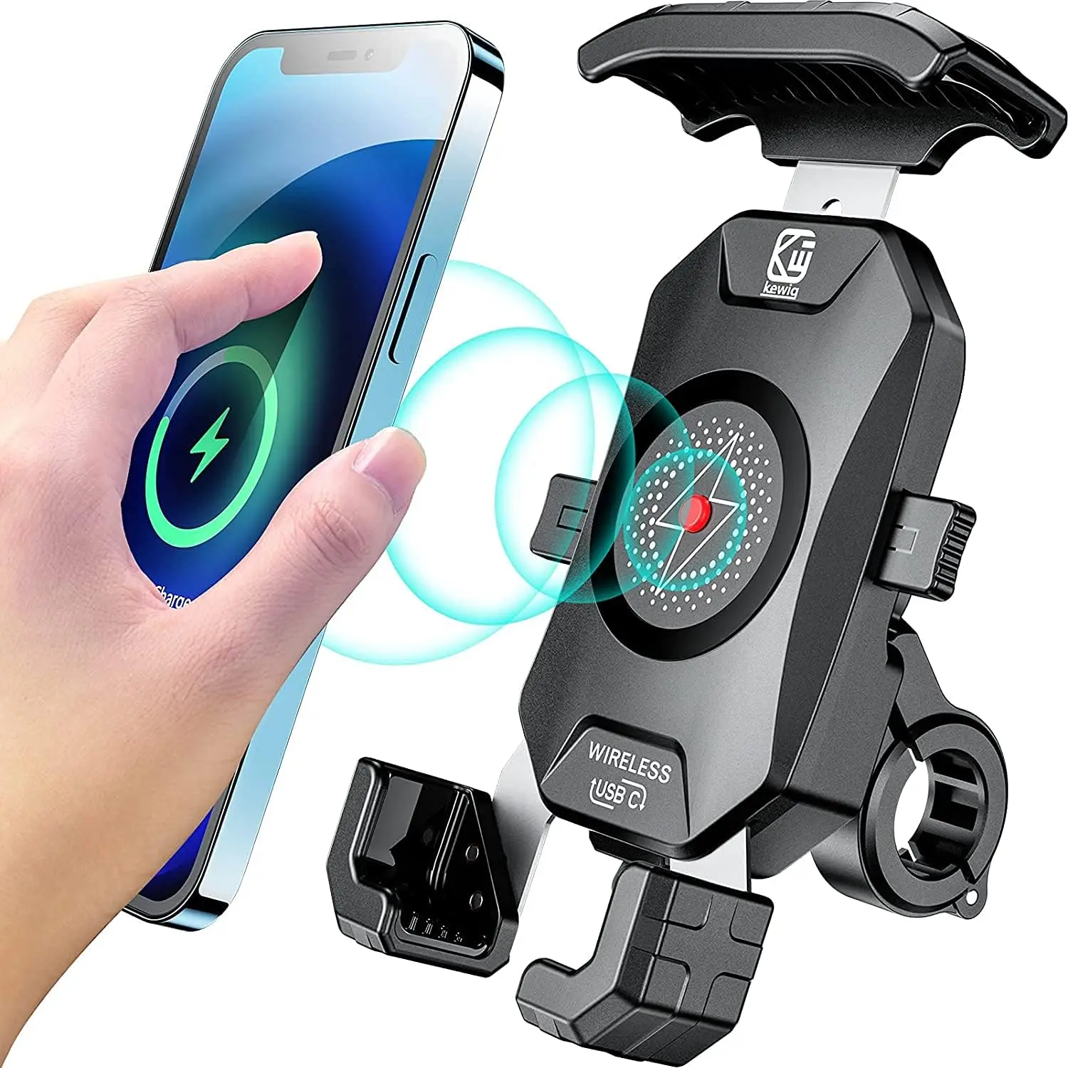 

Motorcycle Phone Mount Qi 15W Wireless & USB C 20W Fast Chargeing Port, Automatically Lock & Quick