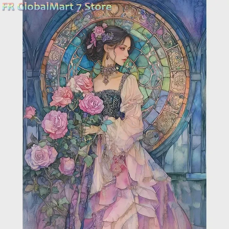 Diamond Painting Vintage Noble Lady With Pink Roses Stained Glass Window DIY Handicraft Home Decor Ideal Holiday Birthday Gift