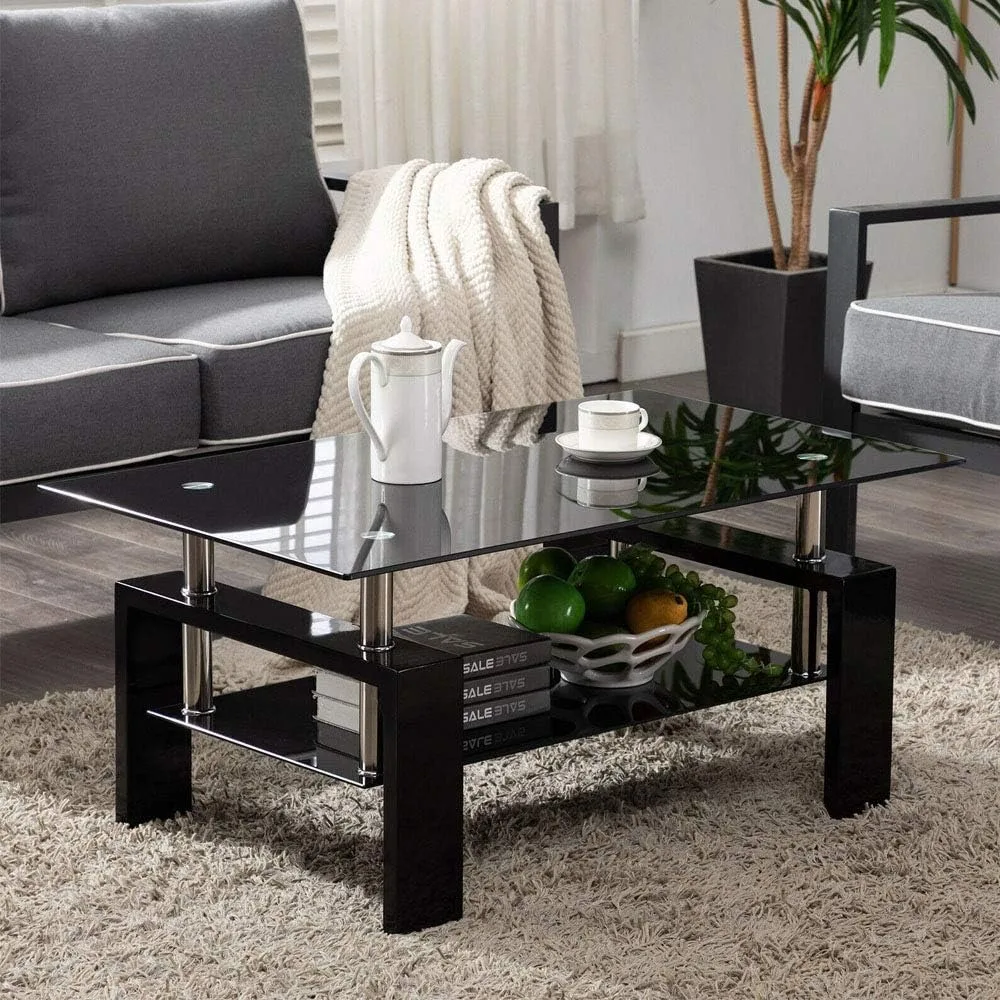 Mesa de centro de vidrio rectangular moderna negra, mesa de centro de vidrio con patas de madera y estante de almacenamiento