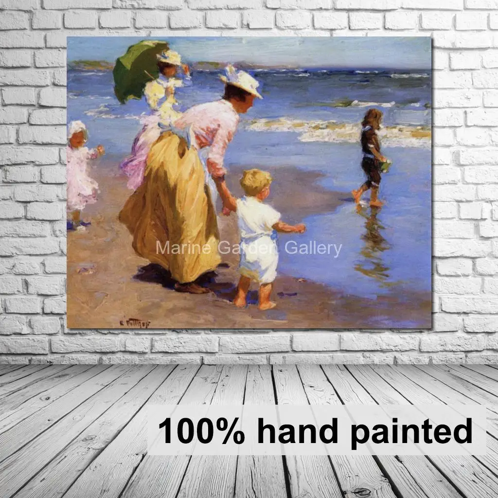 Edward Henry Potthast Mother and Children at Beach Oil Painting Hand Painted Textured Seascape Canvas Art for Kids Room Bathroom
