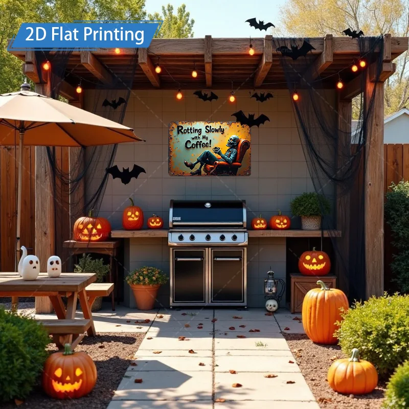 [2D FLAT] 1 قطعة علامة معدنية للهالوين زومبي علامة القهوة 2D طباعة مسطحة ديكور