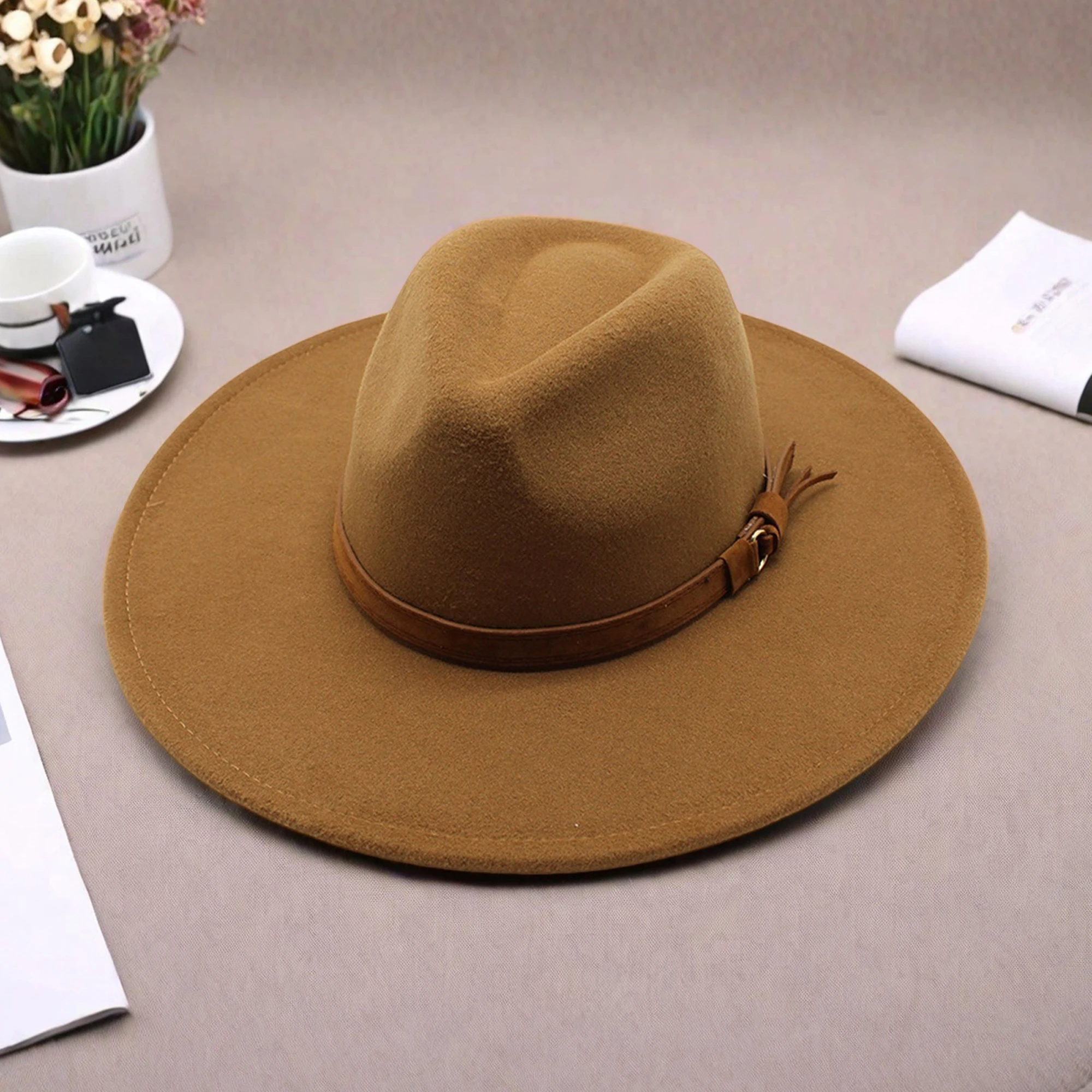 قبعة فيدورا من الصوف الكلاسيكي بحافة واسعة وحزام أنيق للنساء والرجال - مثالية للحفلات وأحداث الجاز #3