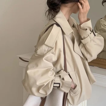 가을 빈티지 정장 칼라 투피스 버튼 루즈 피트 캐주얼 긴 소매 자른 자켓 여성 패션 겉옷